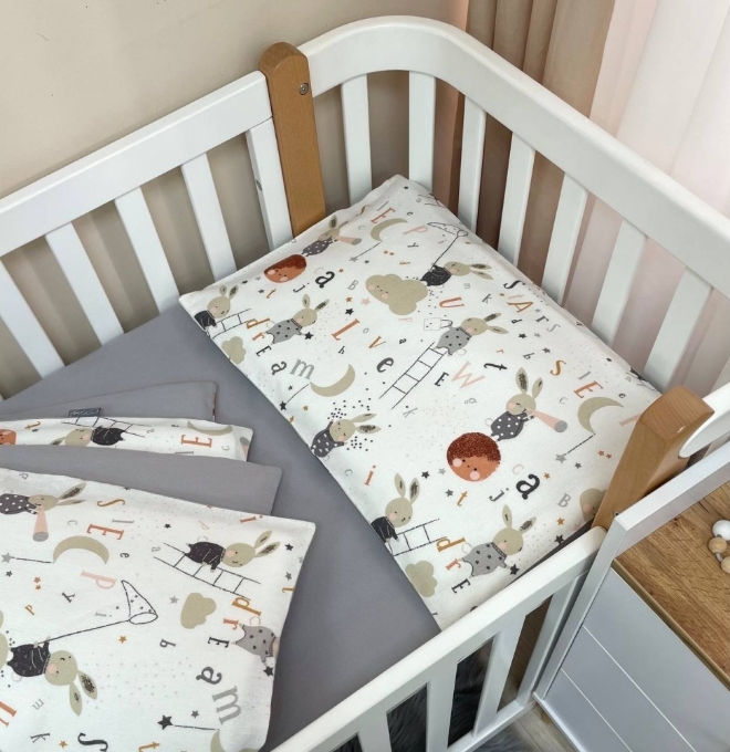 Set lenjerie de schimb pentru patut bebe 3 piese Mix iepurasi gri (4)